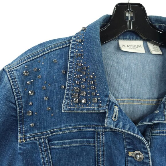 Chicos Platinum Denim Western Jacket Womens 2 US L/12 Rhinestones Long Sleeve - Picture 8 of 16